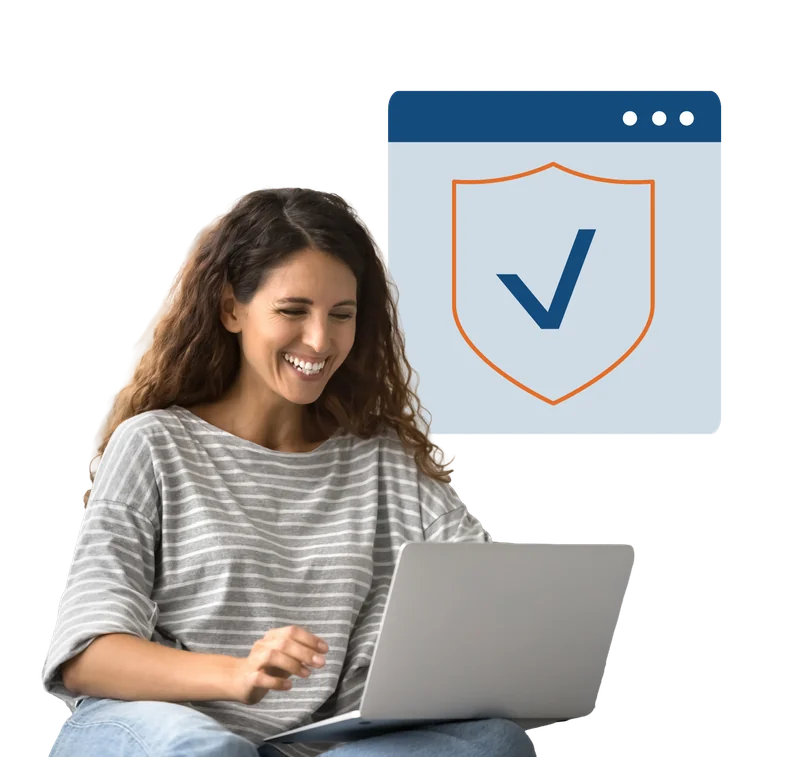 Resident smiling at a laptop beside a browser window showing a shield with a check mark.